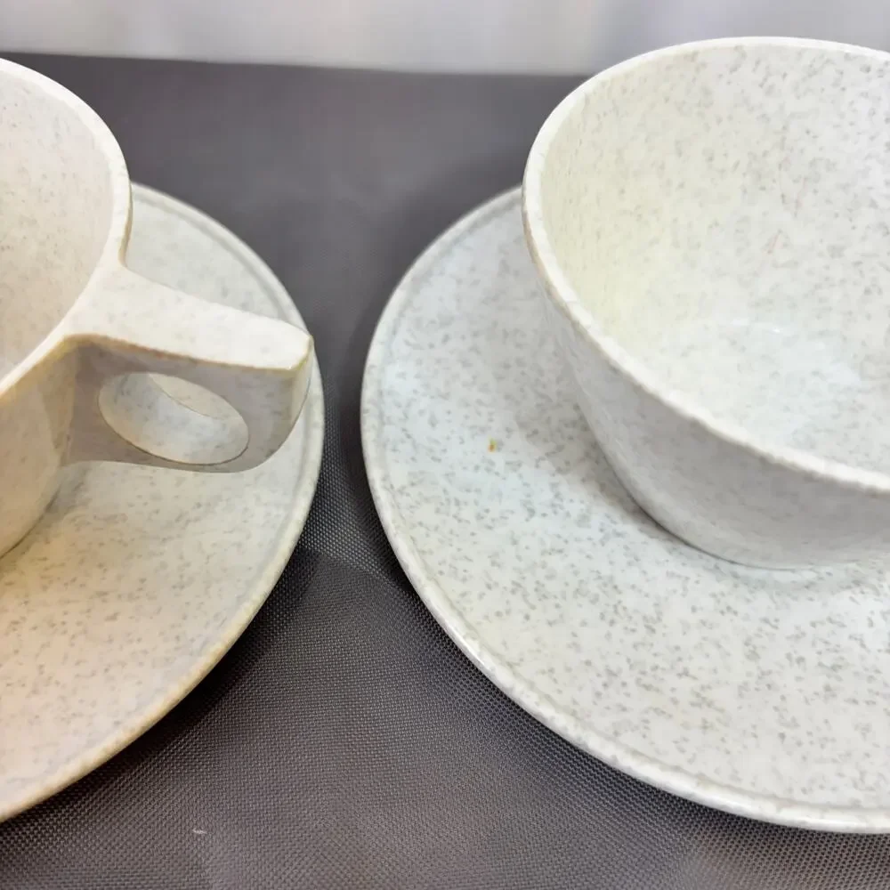 Texas Ware Melamine Cup & Saucer Set of 2 Gray White Speckles 4 Pieces Total VTG
